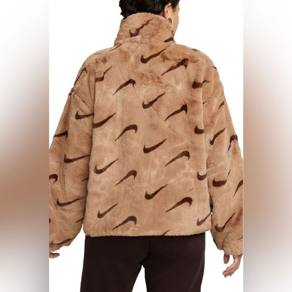 Nike Sportswear Plush Printed Faux Fur Jacket in Dk Driftwood Cacao Purple - Picture 2 of 11